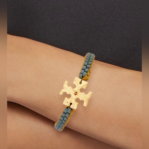 NWT Tory Burch Authentic Roxanne Goldtone & Green Yellow Leather Woven Bracelet